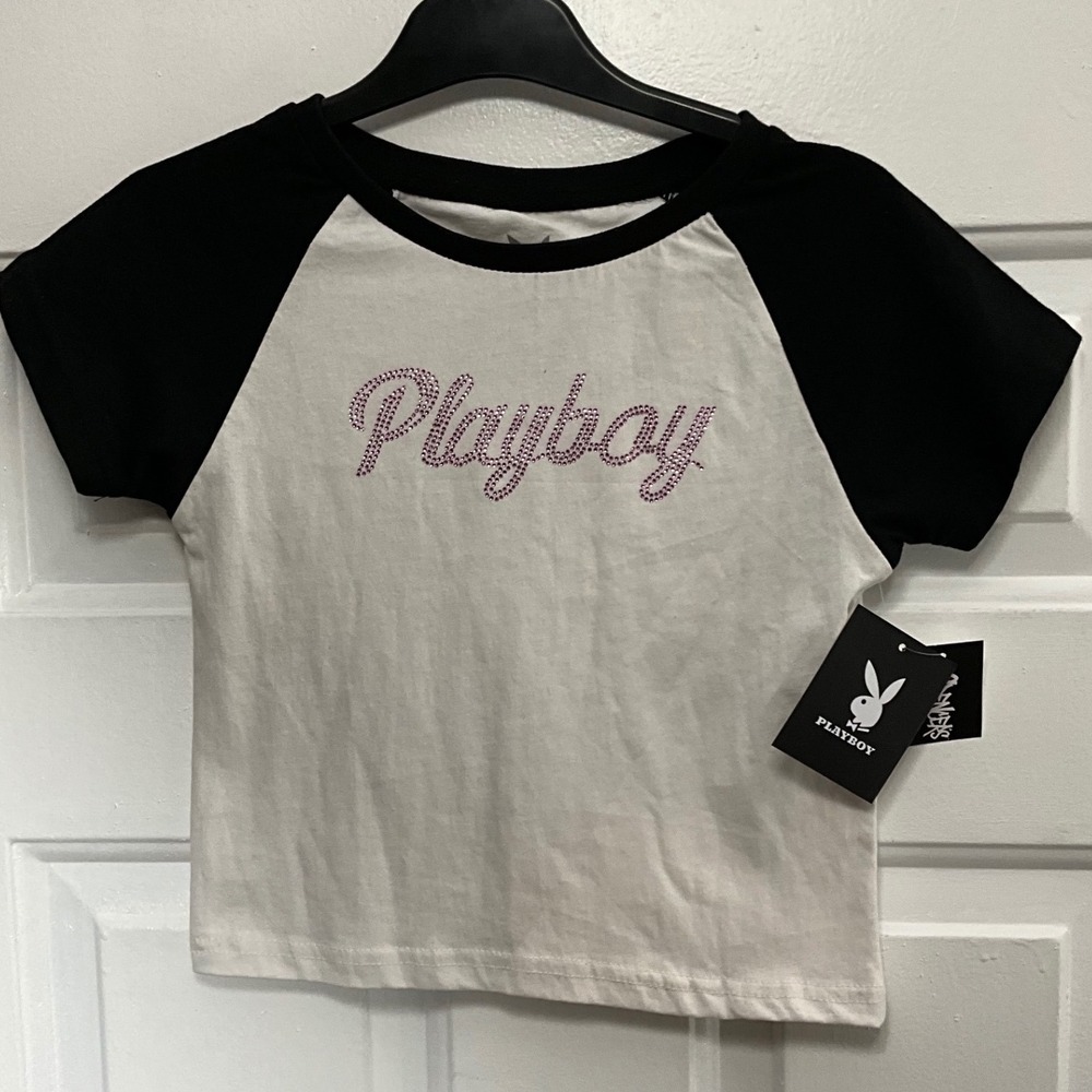 Playboy Pink Rhinestone Logo Raglan Baby Tee Black White Small NWT